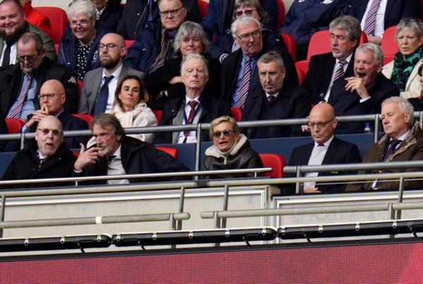 Manchester United owner Avram Glazer (bottom left), minority owner Sir Jim Ratcliffe and Dave Brailsfor<em></em>d (front row), plus new technical director Jason Wilcox (second row) all watched on at Wembley 