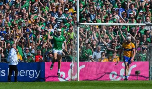 Limerick's Aaron Gillane celebrates scoring his side's third goal during the Munster GAA Hurling Senior Champio<em></em>nship Round 1 match between Clare and Limerick at Cusack Park in Ennis, Clare. Photo by Ray McManus/Sportsfile